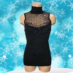 VTG 90s/Y2K Caché Black Sleeveless Beaded Sequins Knit Mock Neck Sweater Top S